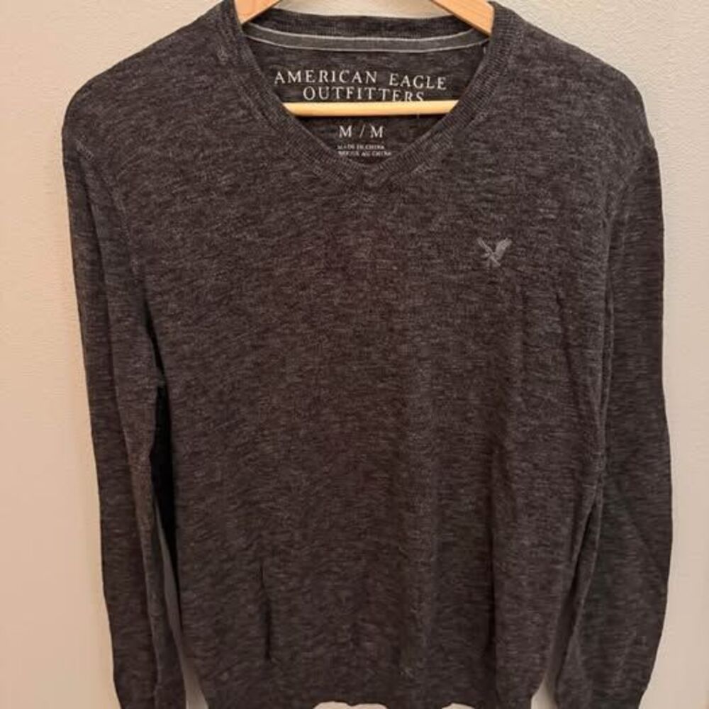 American Eagle 2010s soft gray v neck pullover sweater Eagle logo EUC